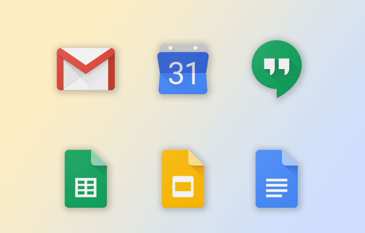 G Suite Icons: Mail, Hangouts, Calendar, Docs, Slides, Sheets